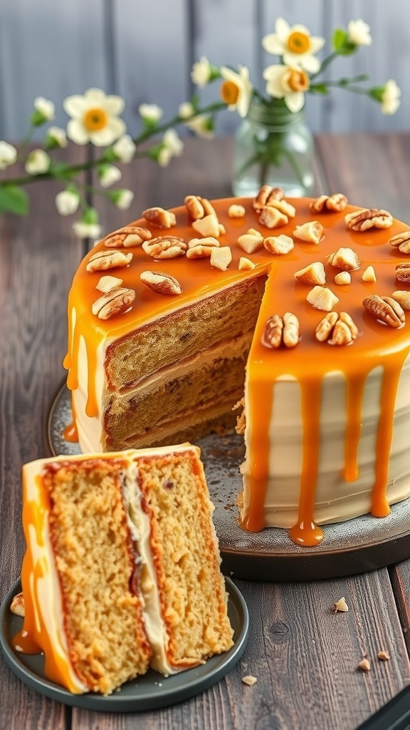 A delicious butter scotch cake with caramel drizzle and nuts, served on a rustic table.